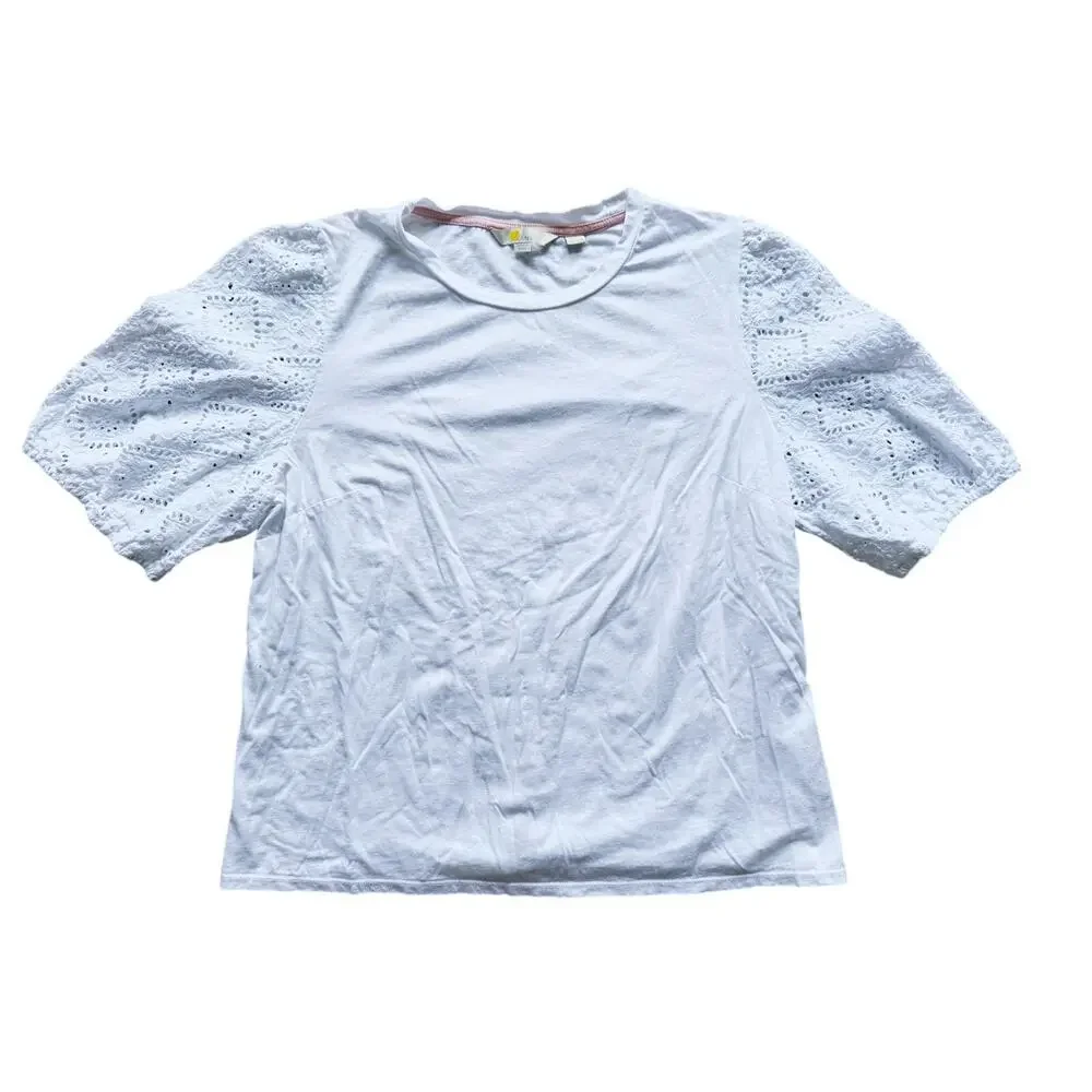 Boden Abigail Lace Eyelet Puff Sleeve Jersey Top Size 16 White Romantic Cottage - Picture 3 of 9